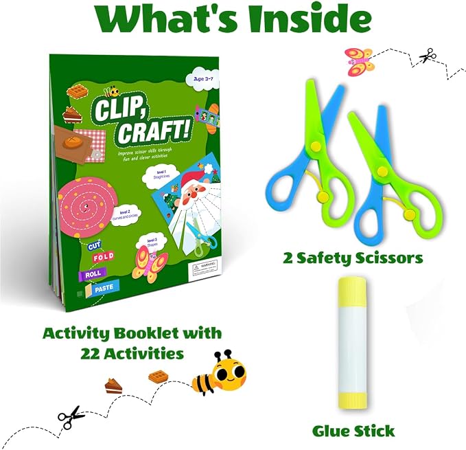 Toddler Scissor Skills Activity Book, Fun Arts and Crafts for Kids 4-6, Preschool Learning Toys Fine Motor Skill Cutting Art kit, 2 Safety Scissors, Birthday Gifts for Girls & Boys Ages 3, 4, 5, 6, 7