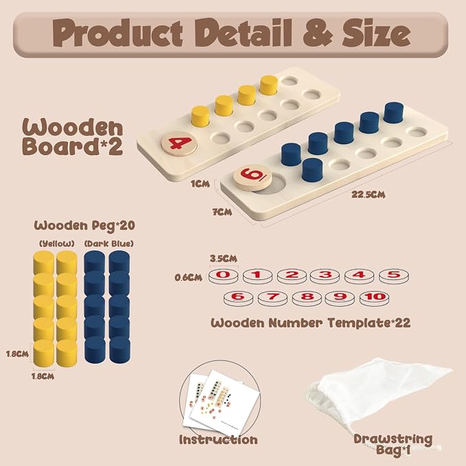 Counting Peg Board Montessori Toys for Kids Aged 3 4 5 6 Years Old, Montessori Math Manipulatives Materials Wooden Preschool Learning Number and Counting Games for Home School Classroom Teaching