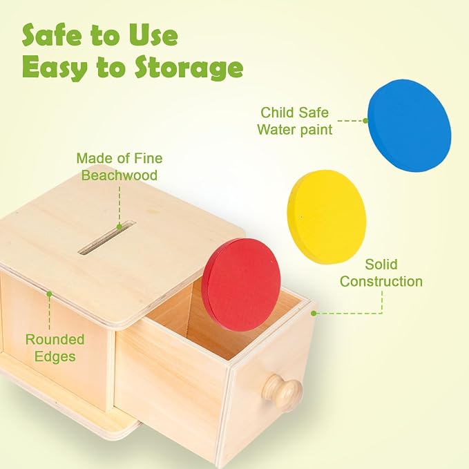 Adena Montessori Wooden Coin Box with Drawer Object Permanence 6-12 Months | Red yellow blue coins. Premium wood smooth. Explore opening and closing and inserting coins. Learning gift.