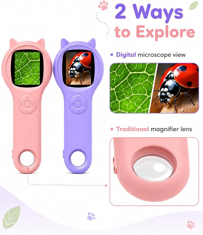 Pink and Purple Microscope for Kids-200X Portable Digital Mini Microscope- Your Little Scientist Miniscope - STEM Toy for Age 5 6 7 8 9 10 11 12 Years Old Toddlers.