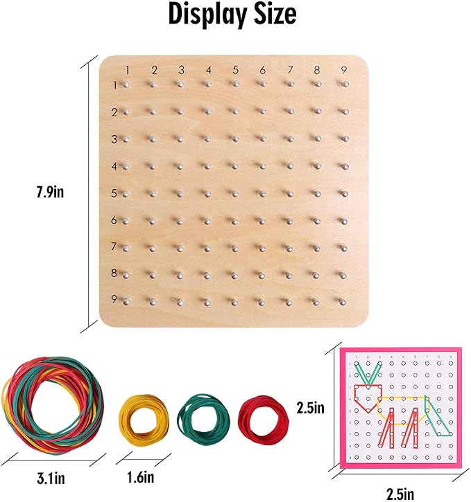 Wooden Geoboards - Montessori STEM Toy with Pattern Cards for Kids Ages 3+ | Pattern Cards & Rubber Bands, Geometric Shape Learning, Classroom STEM Tool, Brain Teaser Gift