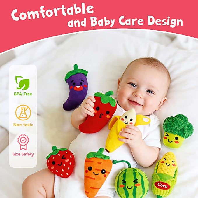 Play Food for Toddlers 1-3, Plush My First Fruit Vegetables Basket Color Sorting Rattle, Squeaker & Crinkle Play Food Set for Kitchen Baby Sensory Toys Easter Basket Stuffers Birthday Gifts 20PCS
