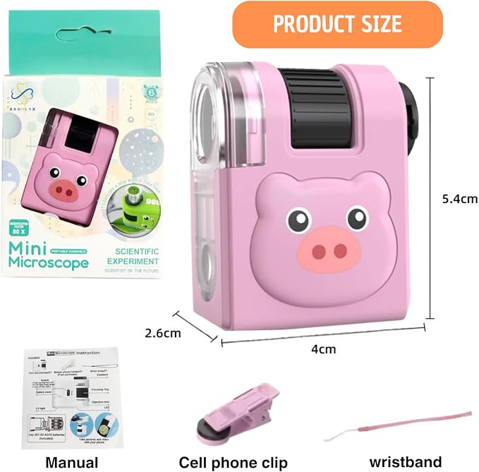 2026 New Kids Pocket Microscope Toy - 60x-80x Handheld Portable Science Kit with LED Light - STEM Educational Gift & Christmas Stocking Stuffer for Boys & Girls Age 3-12 (Pink Bear)