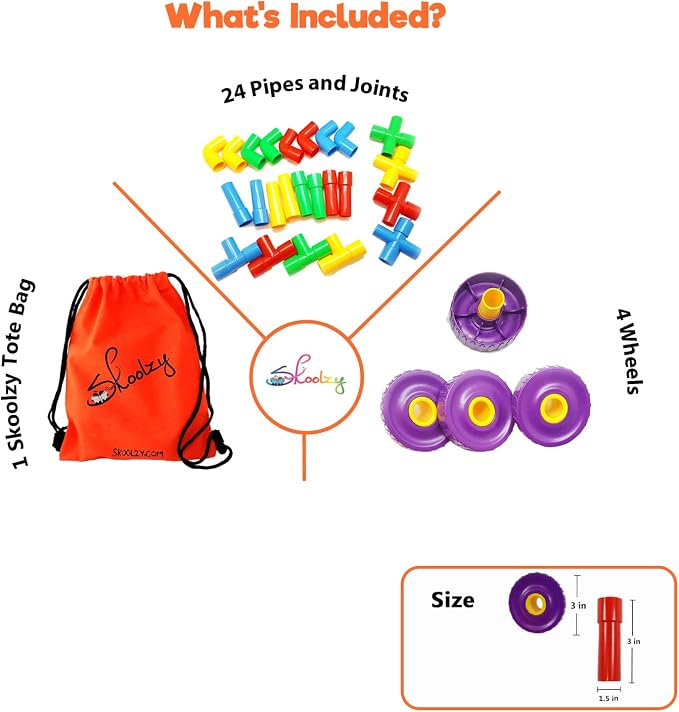 STEM Pipe Tube 29 Pc Building Blocks Set, ADHD & Autism, Kids | Educational Construction Building Blocks for ADHD & Autism for Baby, Kid Includes Wheels Pipes Joints and eBook