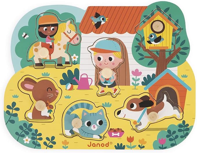 Janod - Babies’ Wooden Puzzle - 6 Pieces with Pegs - Countryside Theme - Recessed Puzzle - Early-Learning Toy - 18 Months + J07107 | Early-Learning Educational Toy - Recessed Board with Pegs - Develops Fine Motor Skills - Toddlers 18 Months and Up
