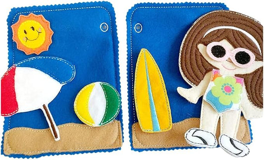 Children's Felt Quiet Book for Toddler, 2 Beach Pages with Felt Doll and 9 Pieces - Gift for Girl - Imaginative PlayQB153