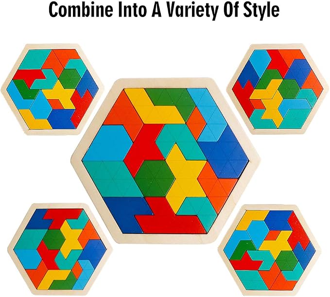 Wooden Hexagon Puzzle, Geometry Logic IQ Brain Blocks for Kids & Adults | Montessori Educational Toy, Geometric Shape Blocks, Logic IQ Game, Ideal Gift for Kids Teens Adults