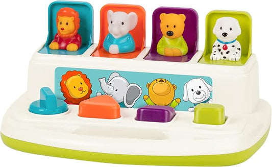 Battat Pop-Up Toy, Pop-Up Pals Cause-and-Effect Animal Toy, Toddler, 4 Pals | 4 animal pals pop up with turn, press, flip, and slide actions; colors, shapes, carry handle, Toddler, 4 Pals; 18+ Months