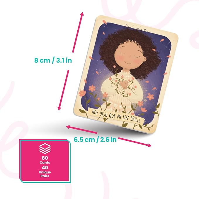 Menique Brilla Memory Matching Game – Spanish Edition – 80 Cards (40 Pairs) with Positive Affirmations for Brave Girls – Mindful Matching Game in Spanish for Confidence and Self-Love