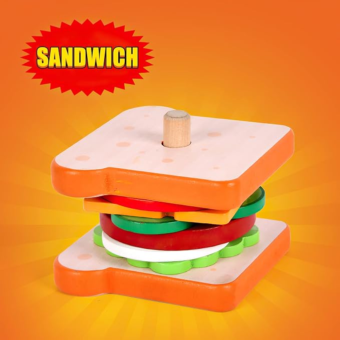 Wooden Sandwich Stacking Toys for Kids, Play Fake Food Toy, Montessori Toys for 3+ Year Old, Preschool Educational Toys to Develop Fine Motor Skills (Sandwich)