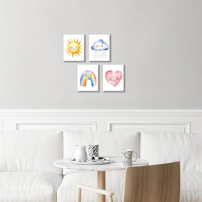 Framed Girls Rainbow Canvas Wall Decor Watercolor Sun Cloud Heart Decor | Kids Sunshine Painting for Classroom Kids Room Baby Room Bedroom Dormitory Decor 8''X10''