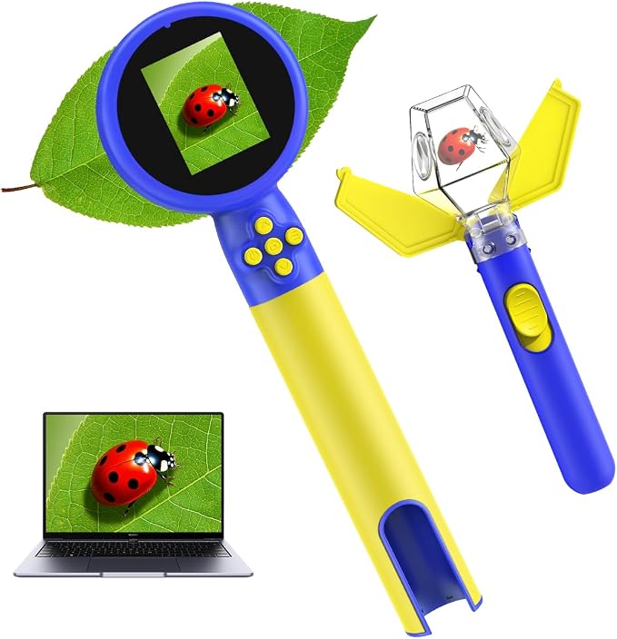 Kids Microscope with Bug Catcher Kit, 1080P Digital Mini Handheld Microscope STEM Science Toy with LED Light, Rechargeable, Portable, Supports 64GB TF Card, Educational Gift for Kids Ages 3-12 (Blue)