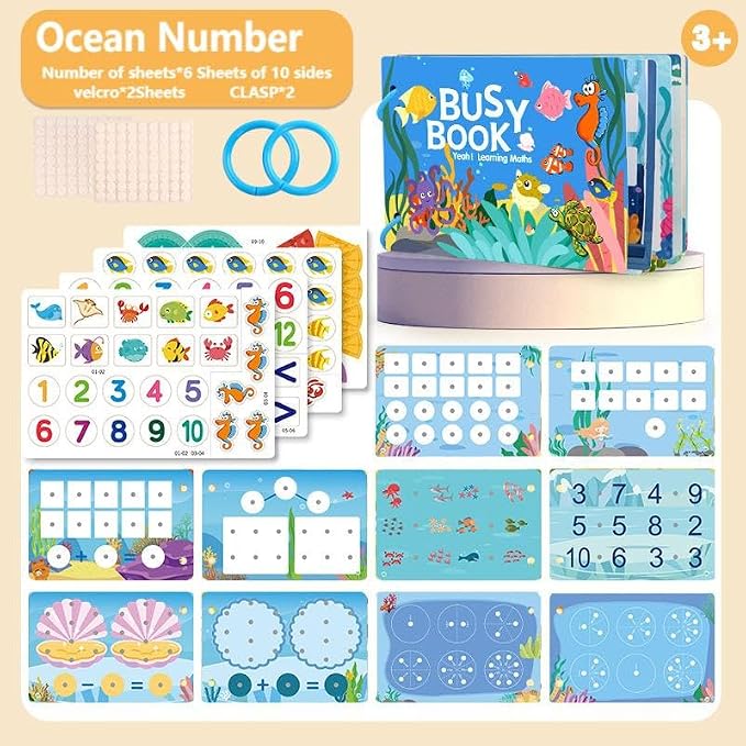 Montessori Busy Book Set (Dinosaur + Ocean) – Preschool Learning Activities for Ages 3+, Fine Motor Skills, Interactive Velcro Activity Kit, Travel Toy for Kids (2-in-1 Bundle)