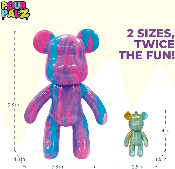Paint Pour Bear Craft Kit, DIY Paint Pouring Art Set with Large Posable Bear (Berry Blast) & Mini Bear Keyring (Blue), Creative Arts & Crafts Activity for Kids & Adults, Gift Kit, 2 Pcs