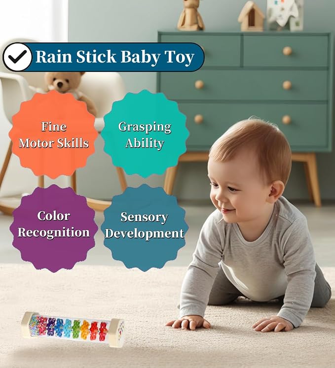 Oneshow Rain Stick for Kids, Wooden Montessori Toys for Baby 12-36 Months | Musical Toys Rattle Sensory Development, Rain Maker Toy Gifts for 12 Month Old Newborn Boys Girls Toddlers 8.8"
