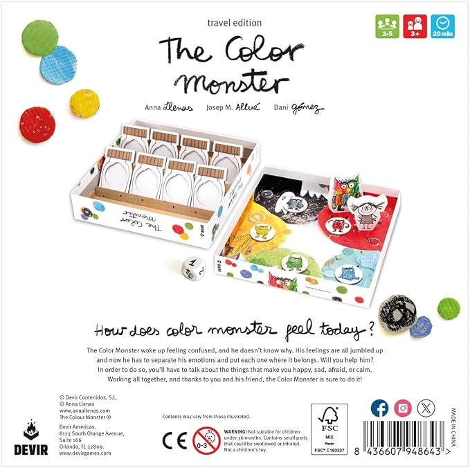 Devir - The Color Monster Travel Board Game, Cooperative Emotional Learning Game for Kids & Families, 2-5 Players, Ages 4+, Playtime 25, (English Version)