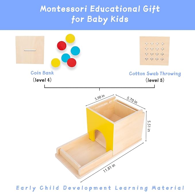 Adena Montessori 5 in 1 Wooden Play Kit for Babies 6-12 Months | Object permanence, drop, carrot, coin - builds motor skills and hand-eye, durable, colorful self-play.