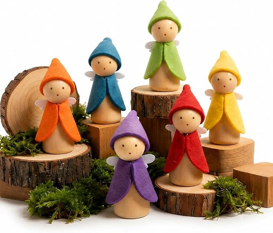 6 PCS Wooden Dollhouse People, Wooden Peg Dolls | Fairy Elf Figures for Kids, Montessori Waldorf Wooden Dolls for Fairy Garden & Dollhouse Accessories, Ages 3+