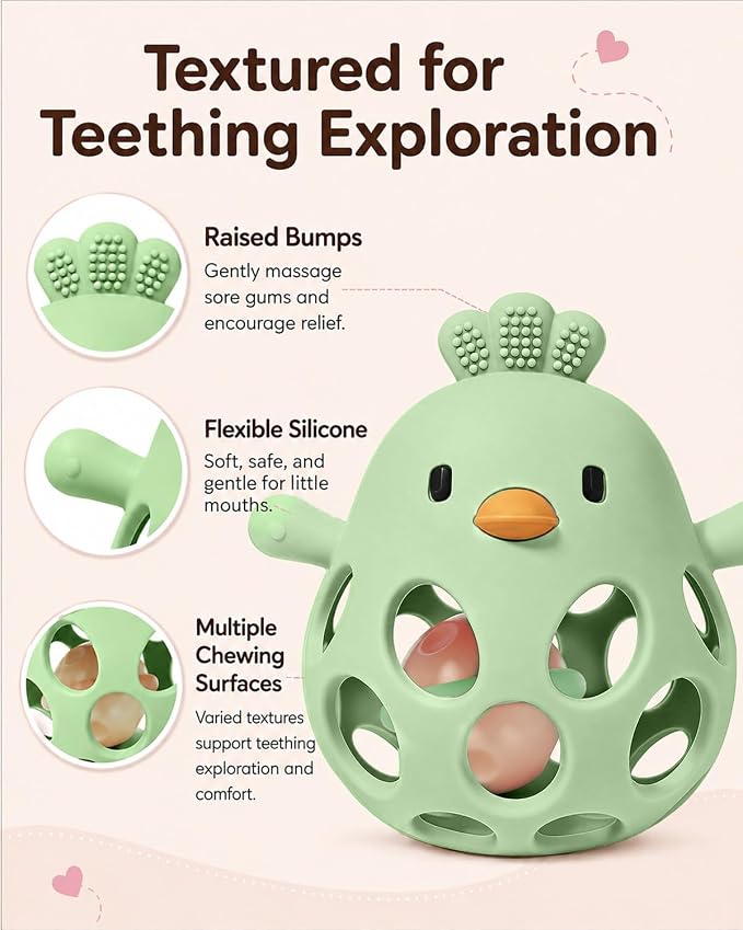 Tinabless 2-in-1 Baby Teether Rattle Toy, Easy Grip Silicone Teething Toy for Babies 3-12 Months, BPA-Free Sensory Chew Toy for Sore Gums, Infant Shower Gift (Green w/Rattle)