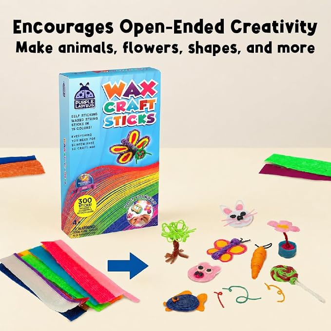 Wax Craft Sticks for Kids 300 PCS in 15 Colors, Mess-Free Sensory Craft | Reusable Bendable Wax Sticks, 6 in and 12 in Lengths, Non-Toxic, Screen-Free Road Trip and Airplane Travel Toy, Ages 4+