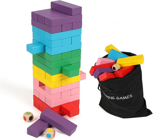 Wooden Blocks Stacking Games 48PCS Tumbling Tower for Kids Families | Tumbling Stacking Blocks Game for Kids and Families, Wood Colorful Balancing Blocks Montessori Toys for Kids with Storage Bag