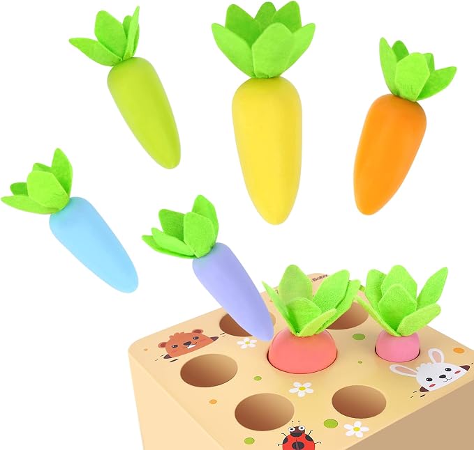 Montessori Toys for 2 3 Year Old Toddlers | Wooden Carrot Harvest Game | Kids Learning Educational Shape Sorting Toy for Toddler Boys and Girls, 18 Months Birthday Easter Gifts for Babies