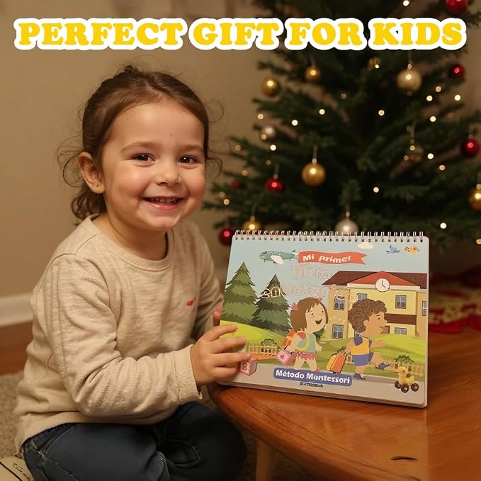Spanish Busy Book for Toddlers, Montessori Preschool Learning Activities, 14 Bilingual Themes (English/Spanish) – Quiet Book for Kids, Educational Travel Toys