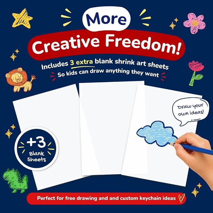 Shrink Art Keychain Kit for Kids - 40 Pre Cut USA Charms to Color & Bake | Kids color 40 pre-cut USA shrink plastic charms, bake & shrink them into keychains & bag tags - 10 colored pencils included