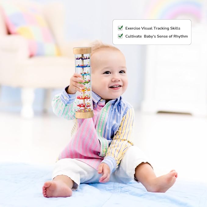 WODI Wooden Baby Rattle Rainstick Rainmaker Montessori Musical Toy for Infants Toddlers Newborns 0-3-6-9-12 Months Sensory Development