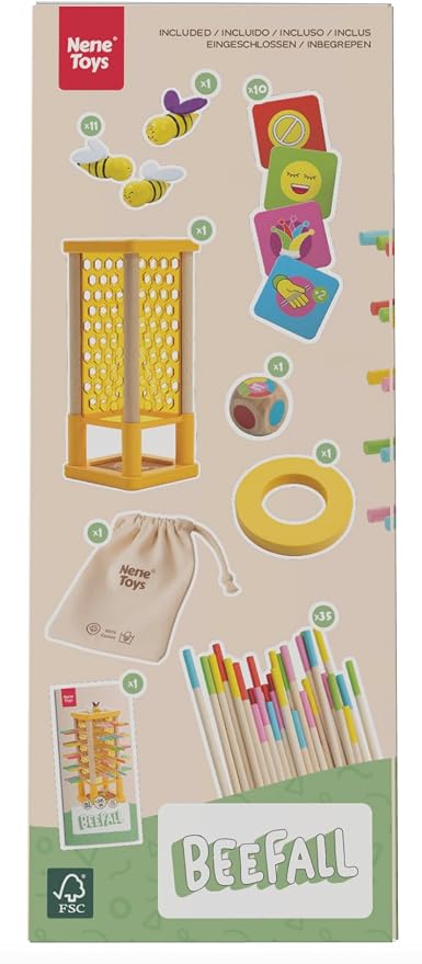 Nene Toys BeeFall Wooden Tower Game for Kids 3+ – 4-in-1 Stick Drop Bee Game with Dice & Action Cards, Rainbow Sticks Ring – Montessori Board Game for Family Game Night, Fine Motor Skills