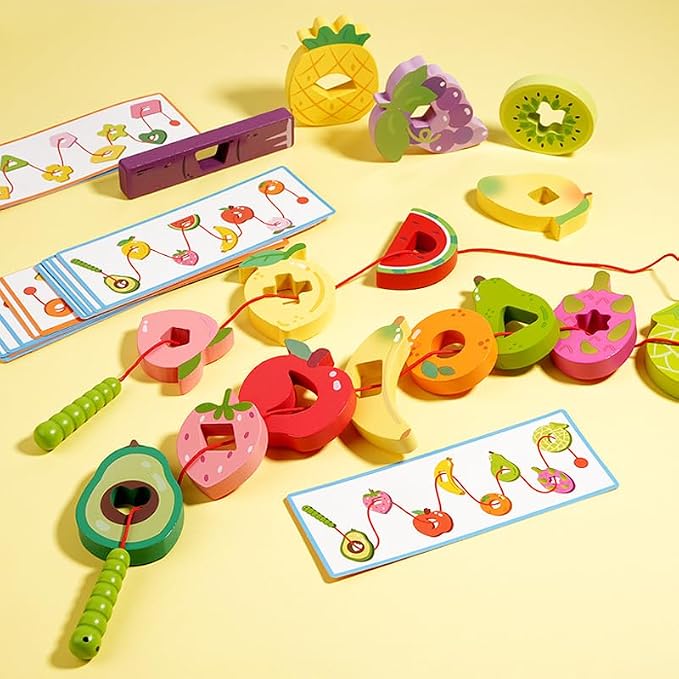 Wooden Greedy Caterpillar Lacing Toy, Montessori Threading & Stringing Toy with 20 Pattern Cards, Fine Motor Skills Educational Travel Gifts for Kids Ages 3+