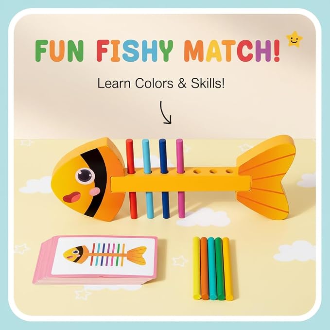 Montessori Fine Motor Skills Toys for Toddlers, Wooden Fishbone Color Matching & Sorting Toy with 20 Task Cards, Learning Educational Gifts for 3 4 5 6 Year Olds, Baby Sensory Training Toys