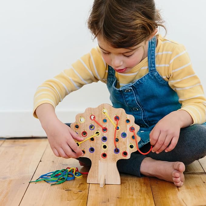 The Freckled Frog Threading Tree | Ages 18m+ | 8 Colorful Laces with Wooden Threading Tree | Montessori Toddler Lacing Toy