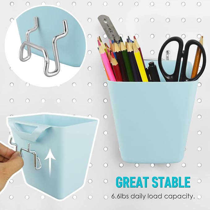 Large Pegboard Cups, 6Pack Peg Board Square Storage Bins With Hooks (Blue) | Big Open-Mouth Cups, 1/8" 1/4" Pegboard Organizer Accessories, Cup Holder for Craft Garage Workbench Office Tools Supplies