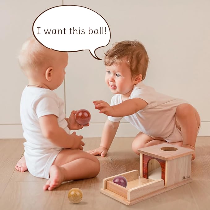 Adena Montessori Object Permanence Box for 6-12 Month Baby 3 Balls, Wooden Baby Toy in Natural Wood Tones, Real Wood Montessori Learning Toy for Toddler 1 Year Old, Sensory Developmental Gift