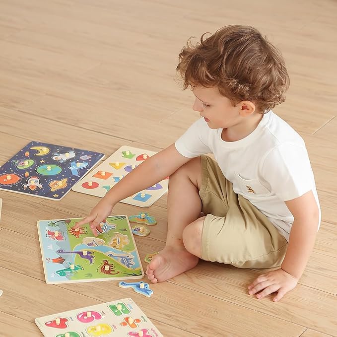 GRINNNIE Toddler Puzzle for 2 3 4 Years Old, 7PCS Montessori Kids Wooden Peg Puzzle Set (Dino Animal Shape Number Fruit..), Preschool Learning Puzzles Toy Gift for Boys Girls Birthday