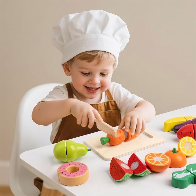 34Pcs Wooden Play Food for Toddlers - Toy Food with Velcro Fruit & Veggies | Play Food Sets for Kids Kitchen Accessories with Basket Chopping Board, Cutting Fruit Set for Ages 3+