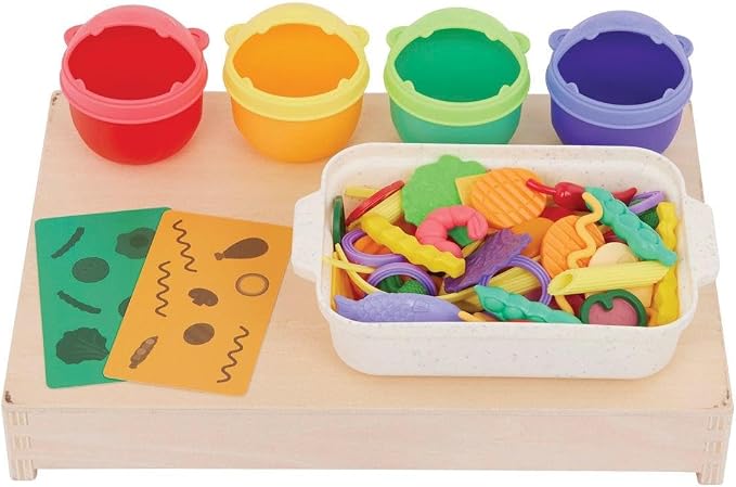 Battat Education Stir & Sort Food Court Play Food Fine Motor Game, Learning | 102-piece pretend play food set with 74 food pieces, tongs, bowls, plates, recipe cards, spinner and wooden tray, 3+ Years
