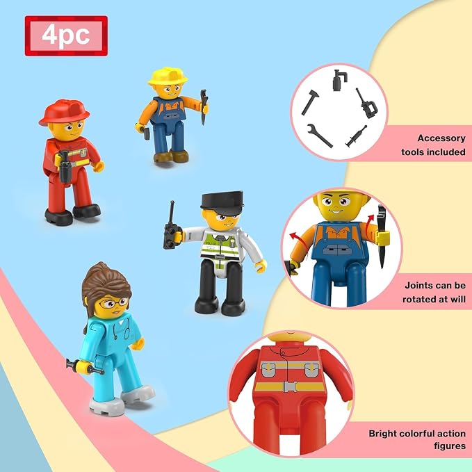 Picasso Toys Magnetic Character Action Figures 4 Piece for Building Block Tile Toddler Toy Set Magnet Expansion Pack Age 3 and up Fireman, Nurse, Police, Constructions Learning Pretend Playset PTA17