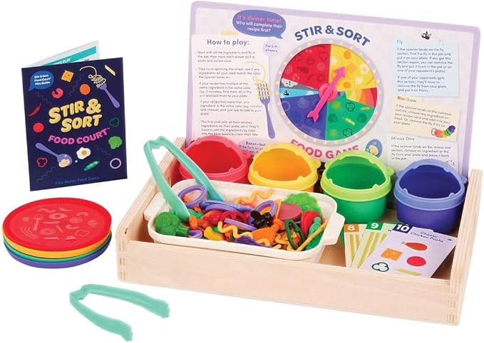 Battat Education Stir & Sort Food Court Play Food Fine Motor Game, Learning | 102-piece pretend play food set with 74 food pieces, tongs, bowls, plates, recipe cards, spinner and wooden tray, 3+ Years