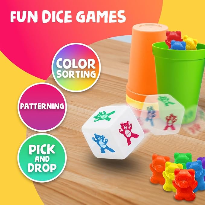 Rainbow Stacking Bears & Sorting Cups, 69 Pc Set, Storage Bag | 60 Bear counters, Scissor Tongs, Rainbow Cups, Storage Bag, Sorting dice Game, Educational, Sensory