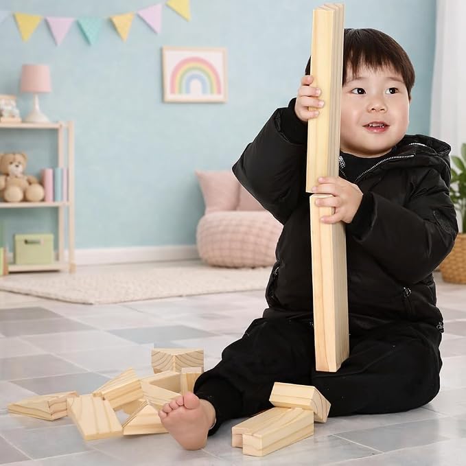Standard Unit Building Blocks for Toddlers with Storage Tray (64 Pcs) Sanded Wood Blocks for Children, Original STEAM, and STEM Learning, Classic Wooden Toys for Kids Parties and Classrooms