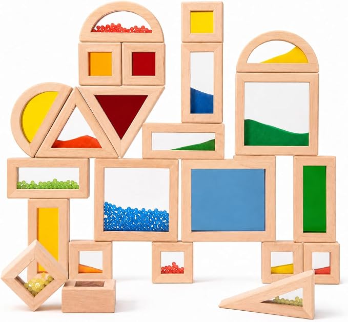 23 Pcs Rainbow Wooden Sensory Building Blocks for Toddlers,Gift for Kids | Colorful Geometric Stacking Toys with Beads, Sand & Mirror Blocks, Montessori STEM,Preschool Learning Educational Toys