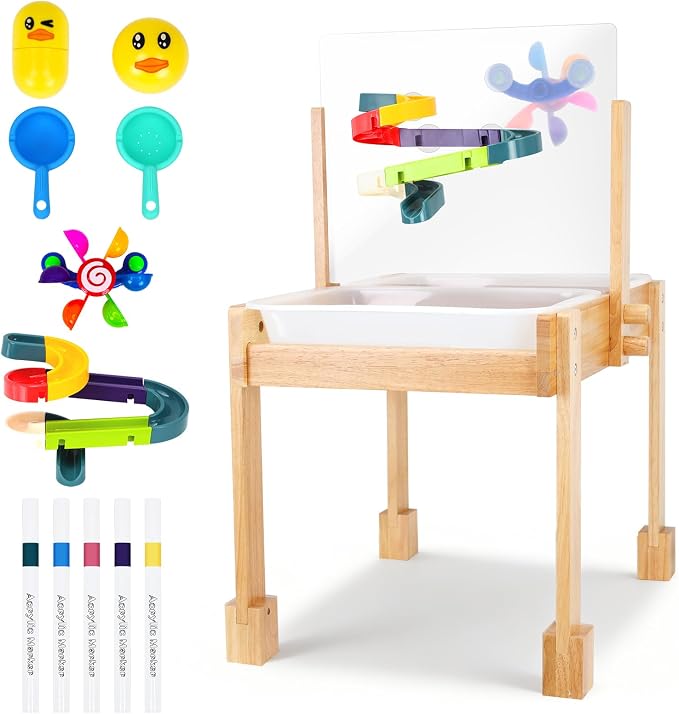 Sand and Water Table for Toddlers, Wooden Activity Sensory Table | Kid Outdoor Toys with Painting PS Board, 2 Collapsible Bins, Beach Accessories, 4 Washable Paint Crayons and Waterproof Cover