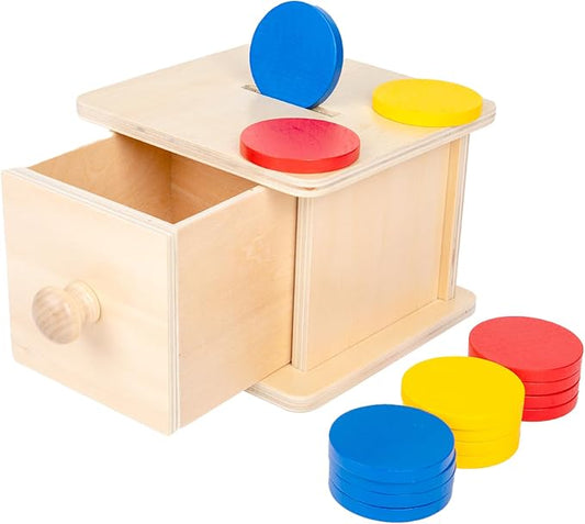 Adena Montessori Wooden Coin Box with Drawer Object Permanence 6-12 Months | Red yellow blue coins. Premium wood smooth. Explore opening and closing and inserting coins. Learning gift.