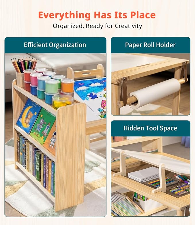 Kids Art Table and 2 Chair Set, Wooden Craft Table with Storage Shelves | Toddler Activity Desk for Creativity, Drawing, Learning & Playtime