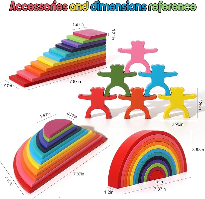 Dinhon 40-Piece Wooden Rainbow Stack Set, 4-in-1 Building Blocks preschoolers Early Development & Activity Toys Montessori Toys for Kids 1 2 3 4 Years and Older Gifts for Boys and Girls
