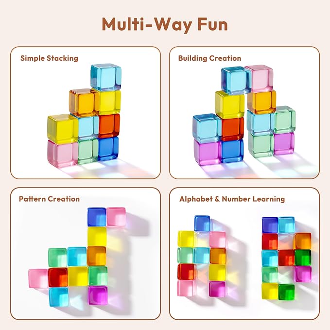 Woodtoe Rainbow Building Blocks for Toddlers, 24 PCS Gem Blocks for Kid 3-6 | Acrylic Blocks, Montessori Stacking Toy for 3 4 5 6 Year Old, Educational STEM Creative Sensory Toy Gifts for Kids Boys Girls