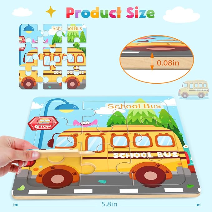 Zeoddler Wooden Puzzles for Toddlers, 8 Pack Vehicle Jigsaw Puzzles for Kids3-5, 9 Pieces Preschool Learning Activities, Learning & Educational Toys, Gift for Boys, Girls