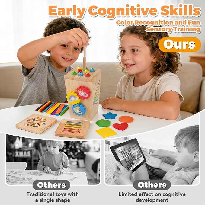 Wooden Montessori Baby Toys, 5 in 1 Fine Motor Skills Learning Toy, Educational Shape & Color Sorting Sensory Fidget Toy for Kids Ages 3-5, Birthday Gift for 6-8 Year Old Girls & Boys